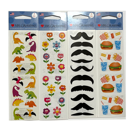 Mrs. Grossman's Dinos, Burger and Mustache Sticker Strips - New in Package