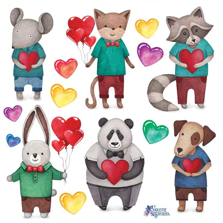 BULK BUY: 50 sheets Animals with Heart Balloon Stickers