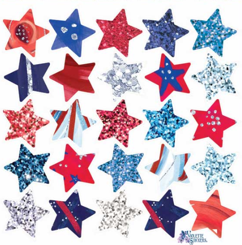 BULK BUY: 100 sheets Glitter Red White and Blue Stars Stickers